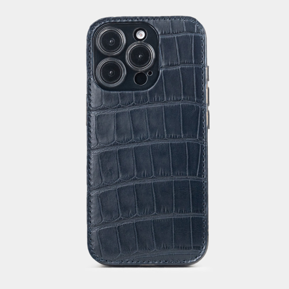 Чехол-накладка кожаная для iPhone 16 Pro, аллигатор синего цвета