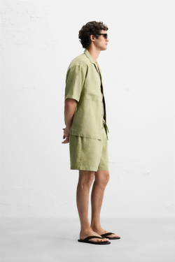 ZARA РУБАШКА ИЗ 100% ЛЬНА, ЗЕЛЕНЫЙ