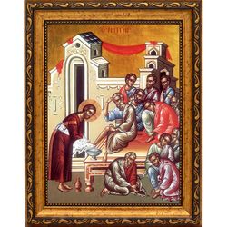 Омовение ног. икона Иисуса Христа на холсте.