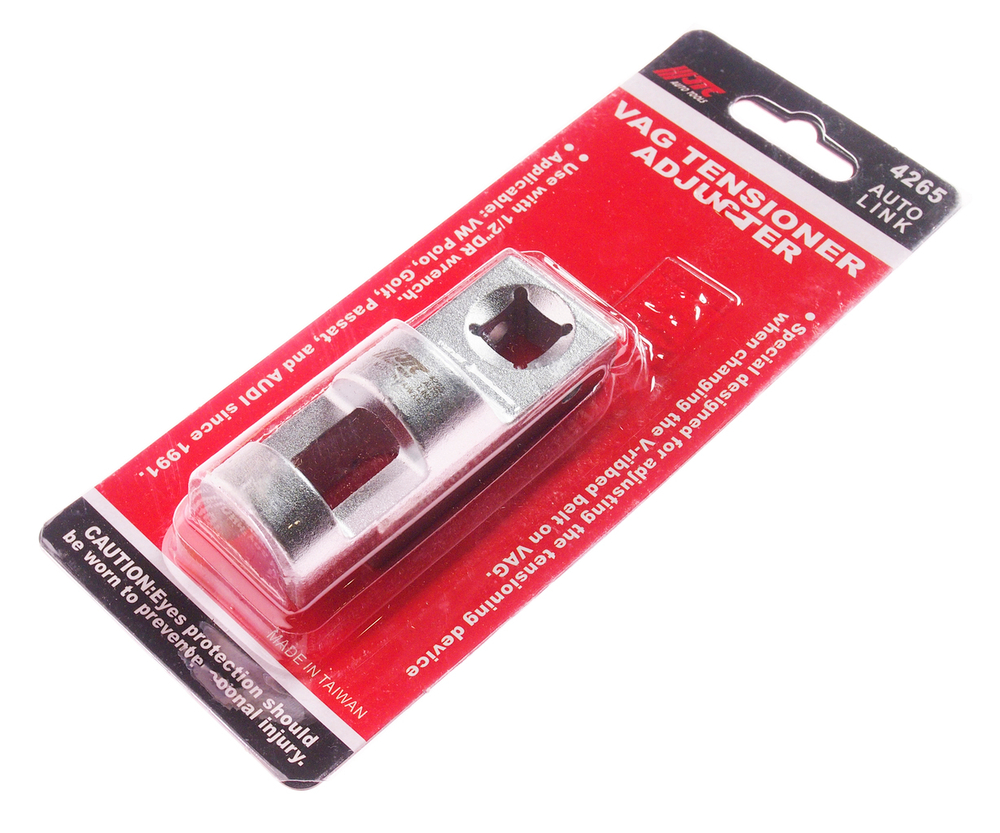 JTC-4265 - Приспособление для регулировки натяжителя ремня поликлинового (VW, AUDI) JTC -  
  Используется с ключом 1/2".
  Специально предназначено для регулировки механизма натяжения после замены поликлинового ремня на автомобилях группы VAG.
  Применение: Фольксваген (Volkswagen) Polo, Golf, Passat, T4 и Ауди (Audi) начиная с 1991 г.в.
  Габаритные размеры: 190/80/40 мм. (Д/Ш/В) 
  Вес: 279 гр.