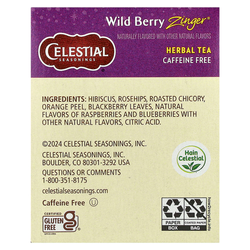 Celestial Seasonings, Травяной чай, Без кофеина, Лесная ягода Зингер, 20 чайных пакетиков, 1,7 унции (47 г)