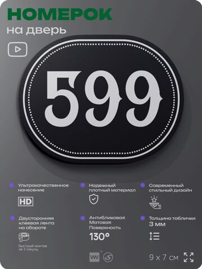 Номерок на дверь квартиры 599, для кабинета, офиса, шильдик 9 х 7 см, черный, Айдентика Технолоджи