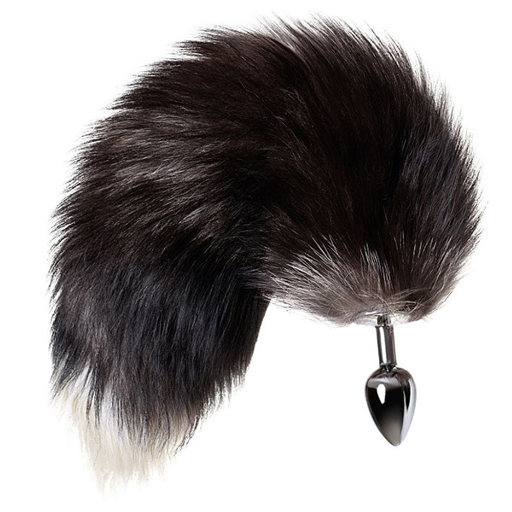 Серебристая металлическая анальная втулка 45см с хвостом чернобурой лисы размер S ToyFa Metal 712026-S