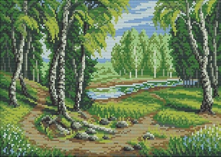 Рисунок-схема на канве для вышивания крестом "Тропинка к реке", 40 х 30 см / 28 х 20 см (Россия)