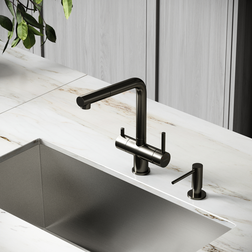 Смеситель для кухни Sancos Spin с вытяжным изливом, краном для фильтра, вороненая сталь, SC4015GG