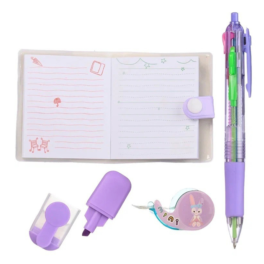 Канцелярский набор Basir с цветным текстовыделителем, 3-ех цветной ручкой, скотчем и блокнотом, серия "Заяц и друзья", ассорти, 19.7*11 см