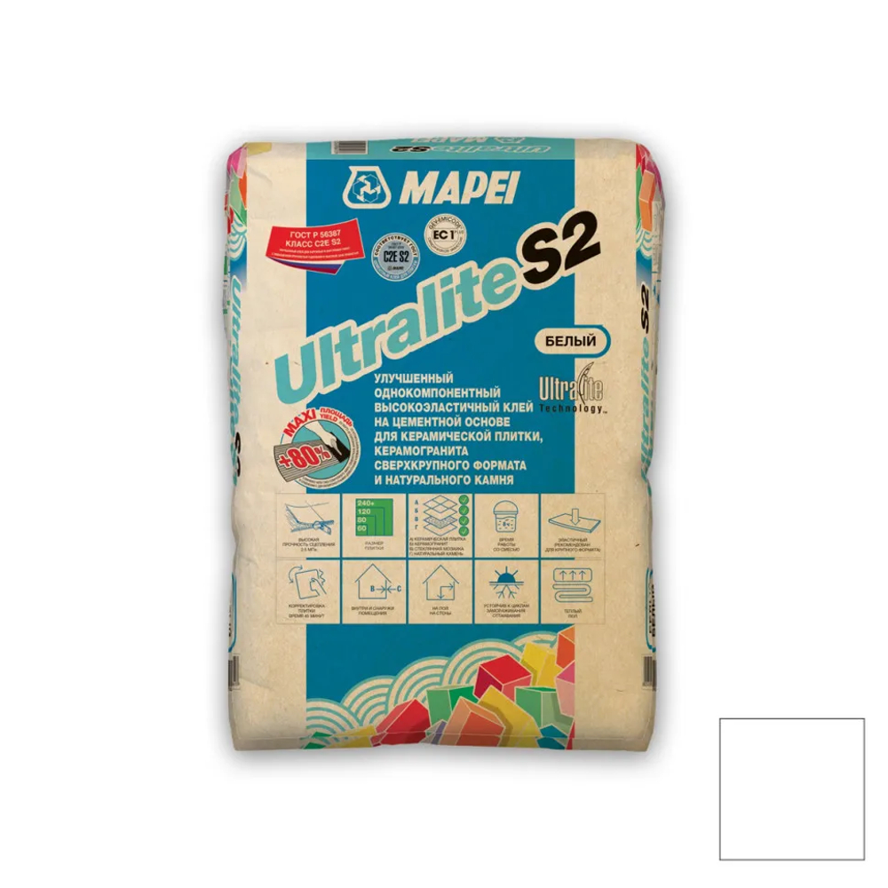 ULTRALITE S2, ТМ MAPEI, цвет белый, 15кг, Россия, Смесь сухая клеевая на цементном вяжущем класс С2ES2