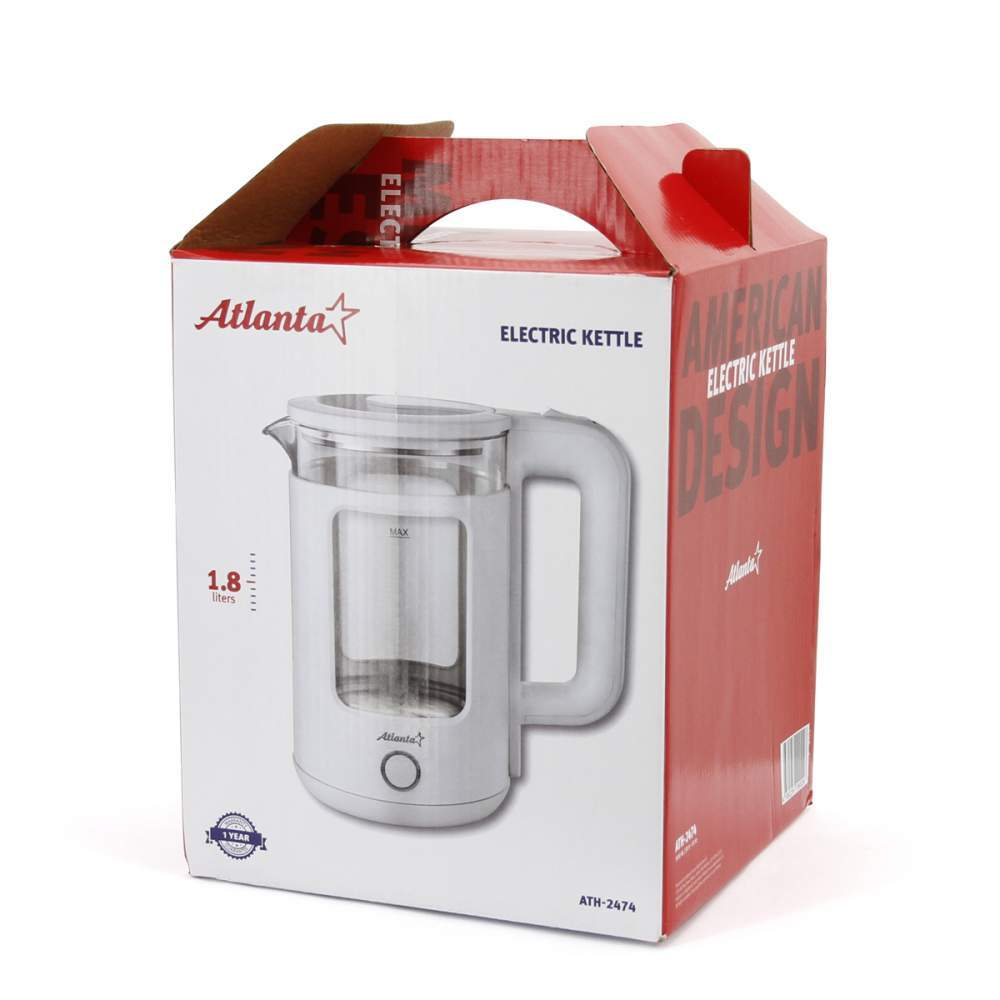 Чайник электрический 1,8л Atlanta ATH-2474 стеклянный, дисковый с внутренней подсветкой, 1800Вт, бел