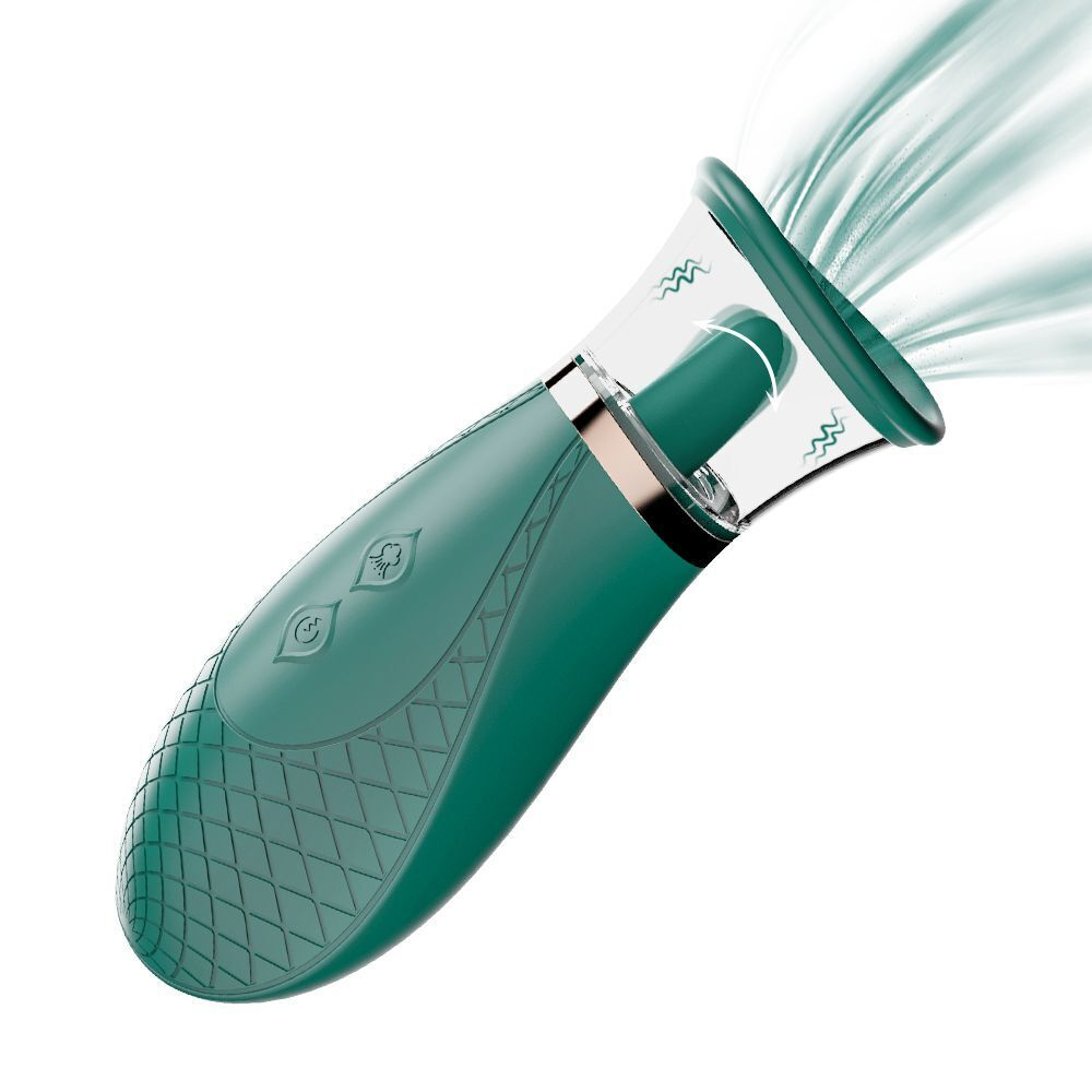 Зеленая вакуумная помпа для клитора с подвижным виброязычком (Цвет: зеленый)