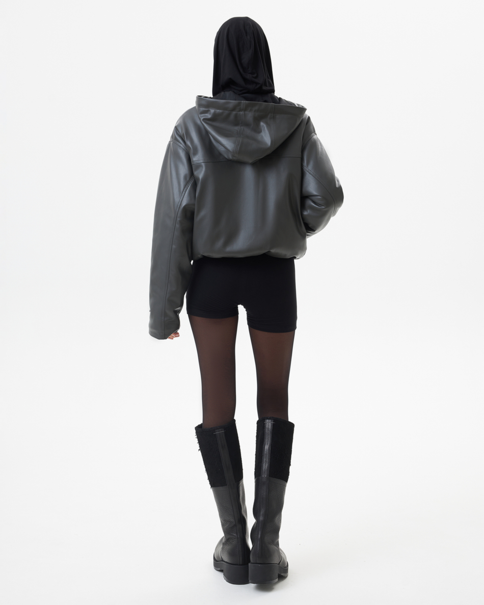 HOODED V-LEATHER JACKET