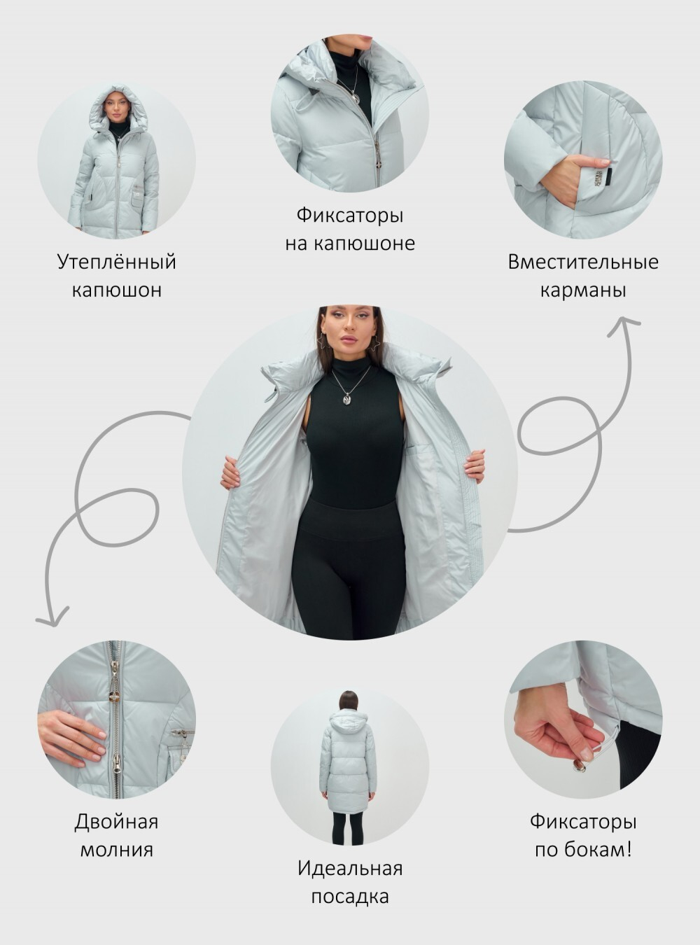 Куртка зимняя женская с капюшоном модная голубого цвета 3193Gl