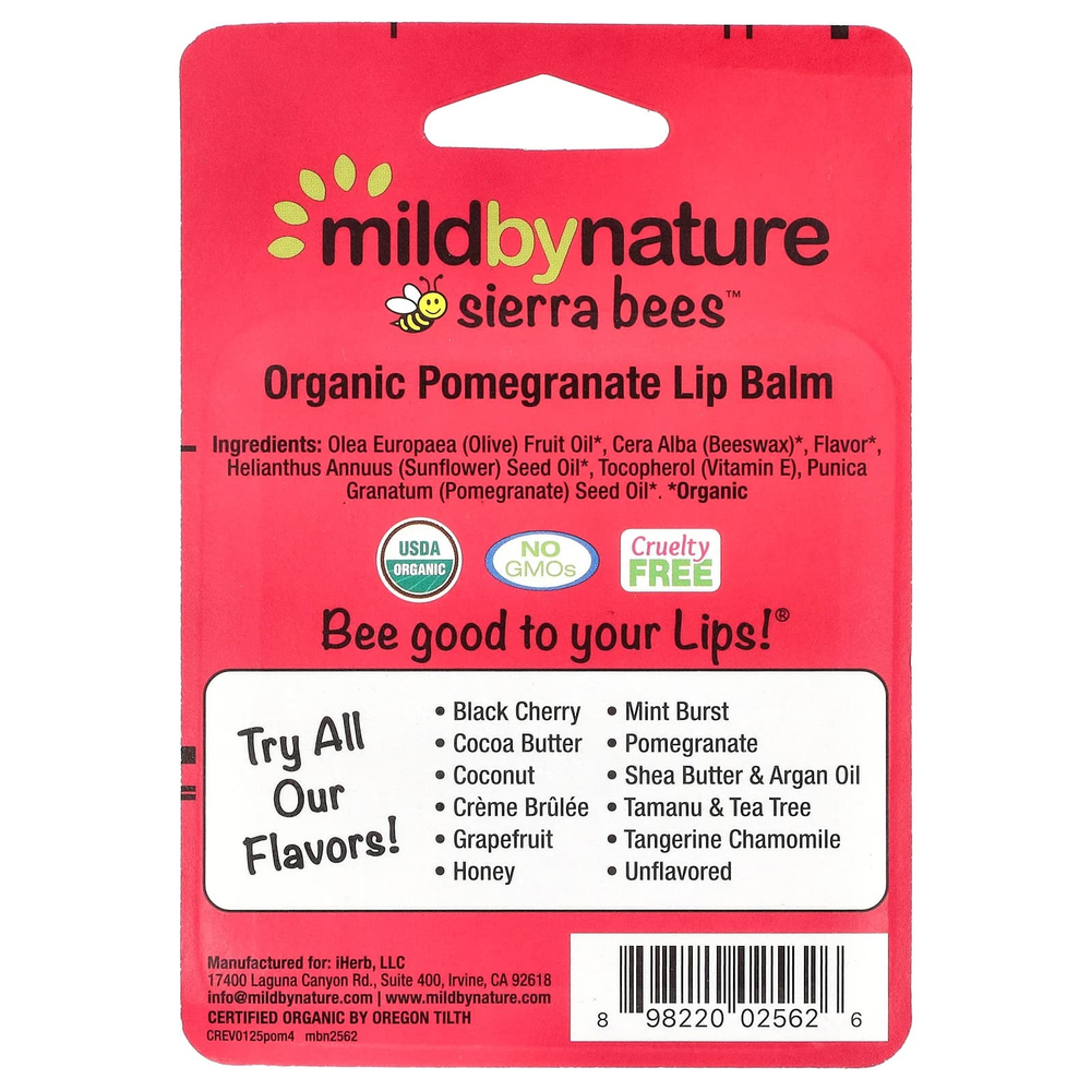 Mild By Nature, Sierra Bees™, органические бальзамы для губ, гранат, 4 шт. по 4,25 г (0,15 унции)