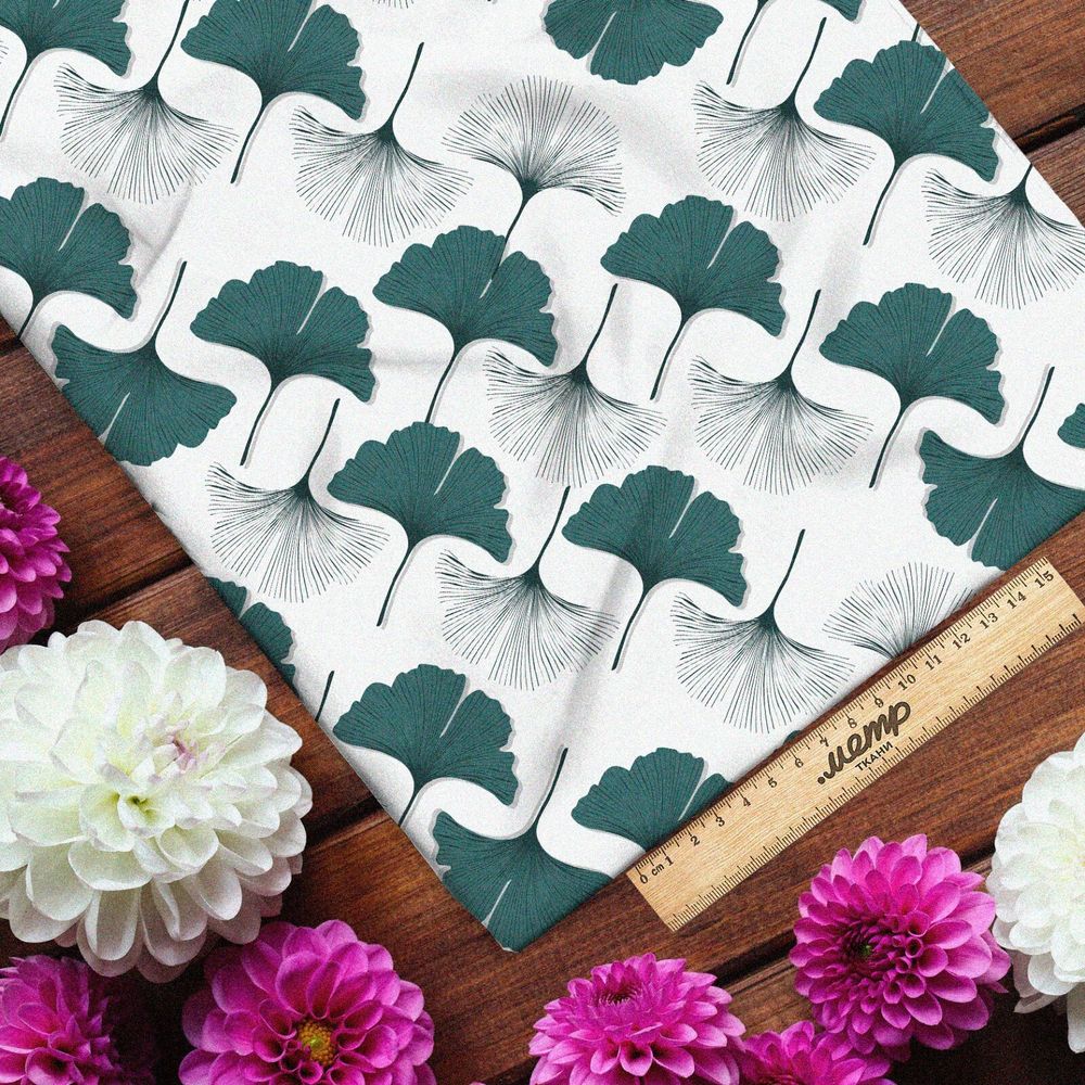 Ткань лен белые и зеленые листья