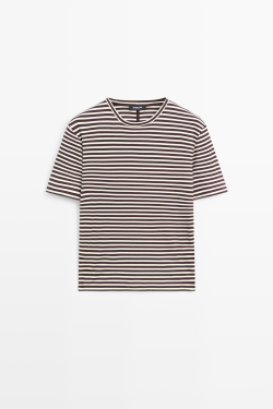 Massimo Dutti Хлопковая футболка в полоску с короткими рукавами, коричневый