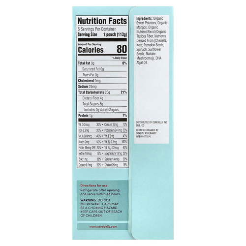 Cerebelly, органическое пюре, для детей от 6 месяцев, батат и манго, 6 пакетиков по 113 г (4 унции)