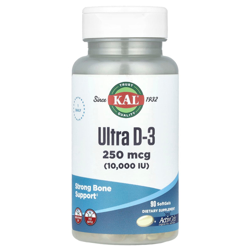 KAL, Ultra D-3, витамин D3, 250 мкг (10 000 МЕ), 90 мягких таблеток