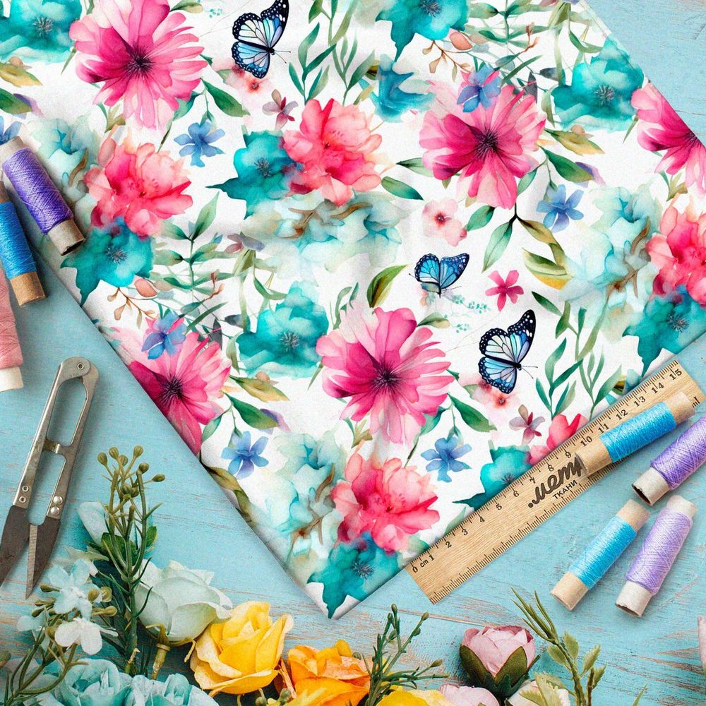 Ткань премиум сатин бабочки в акварельных цветах