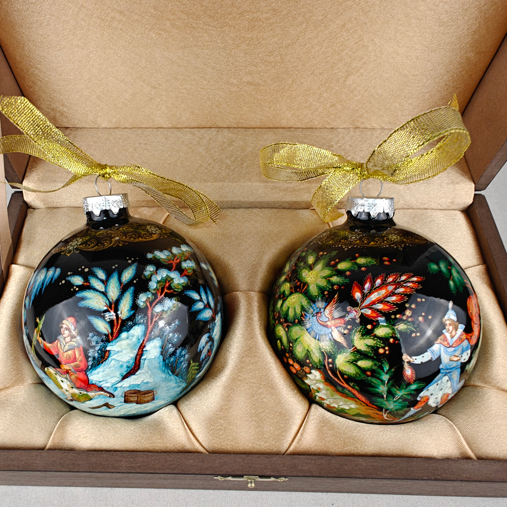Набор новогодних шаров с ручной росписью "По-щучьему веленью" и "Жар-птица" в футляре