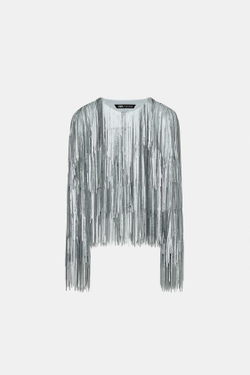 ZARA КУРТКА С БАХРОМОЙ И ПАЙЕТКАМИ — ZW COLLECTION, КАМЕННО-СЕРЫЙ