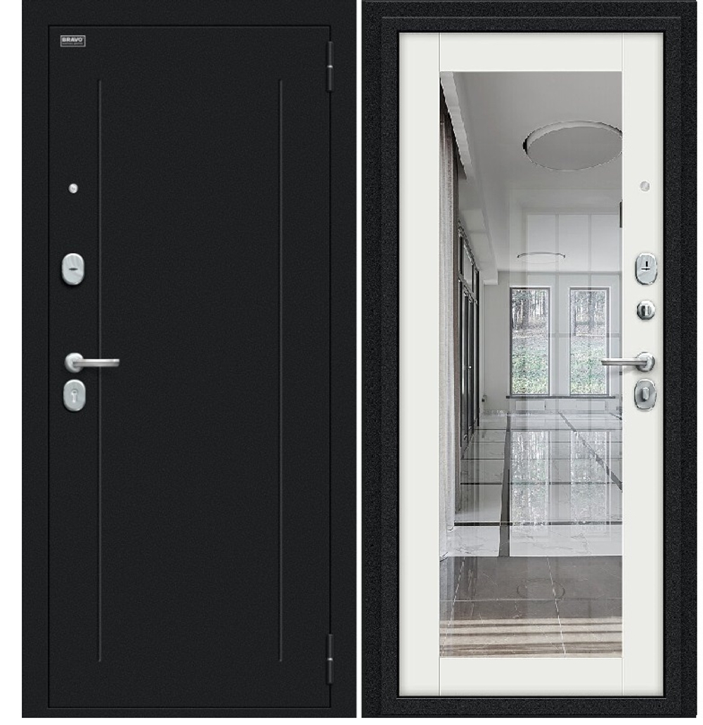 Входная дверь в квартиру Браво (Bravo) Входная дверь в квартиру с зеркалом Браво (Bravo) Флэш 119.Б15 Букле чёрное/OFF-White