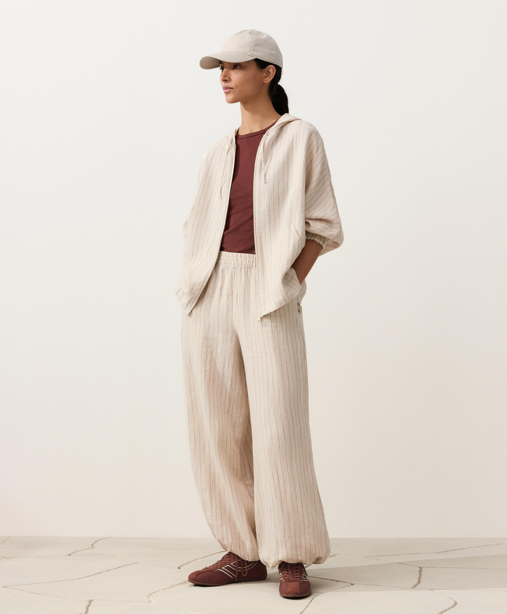 Oysho Куртка с капюшоном в полоску из 100% льна, песочный меланж