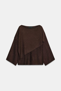 ZARA ТРИКОТАЖНЫЙ СВИТЕР-НАКИДКА С БЛЕСТЯЩЕЙ НИТЬЮ, КОРИЧНЕВЫЙ