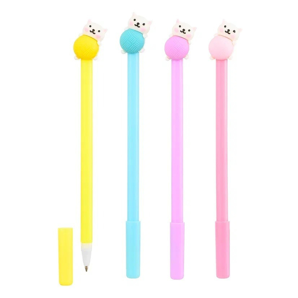 Ручка шариковая, Basir, синие чернила, с насадкой-игрушкой, серия "КОТЁНОК", разноцветный корпус, 12 шт