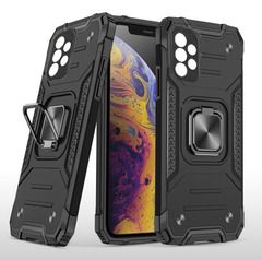 Противоударный чехол для Samsung Galaxy A73 черный с пластиной для магнитного автодержателя и кольцом подставкой / чехол накладка для телефона Самсунг Галакси А73 трансформируется в подставку
