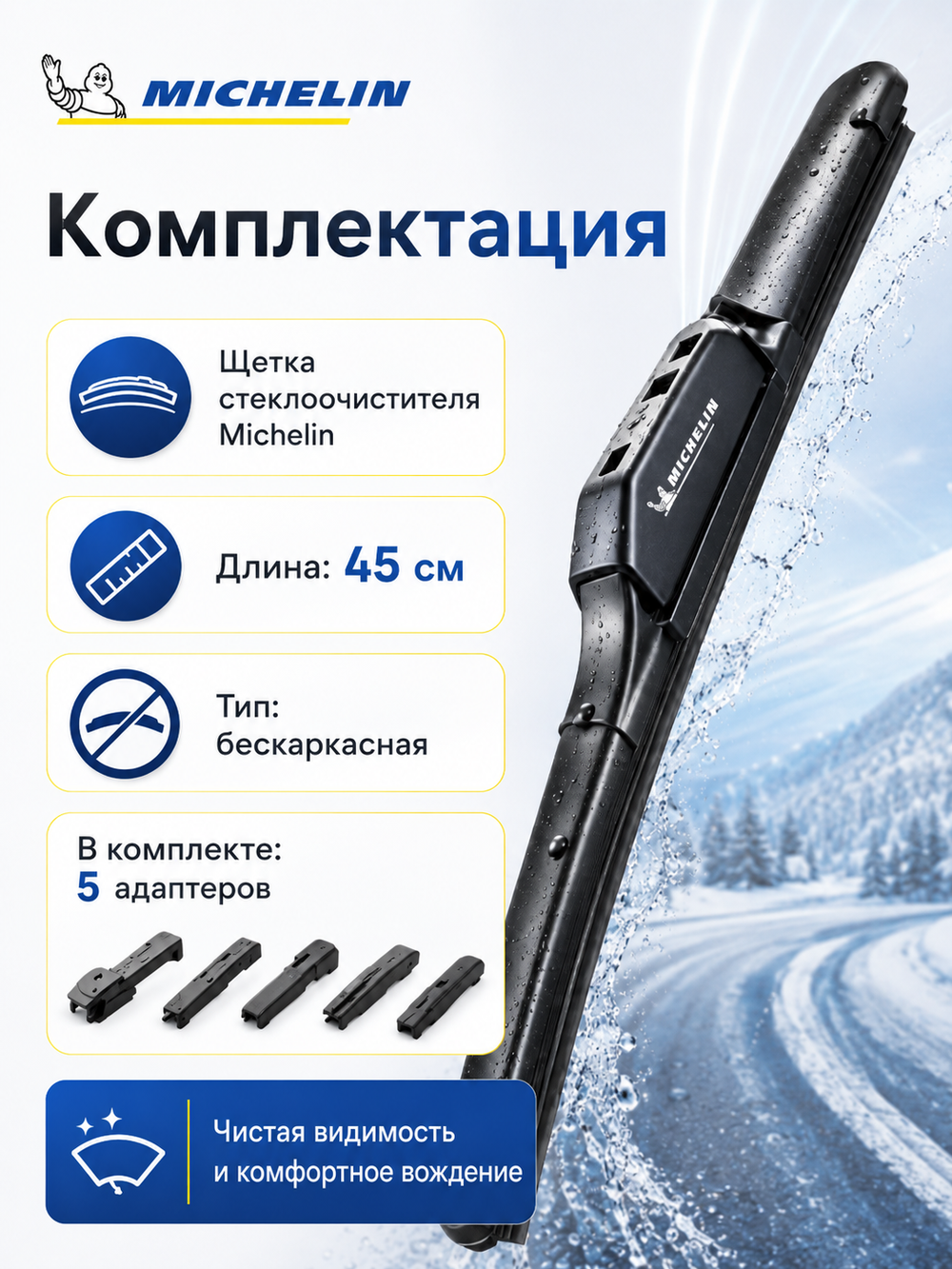 Щетка стеклоочистителя Michelin бескаркасная 45см (5 адапт.) 1шт