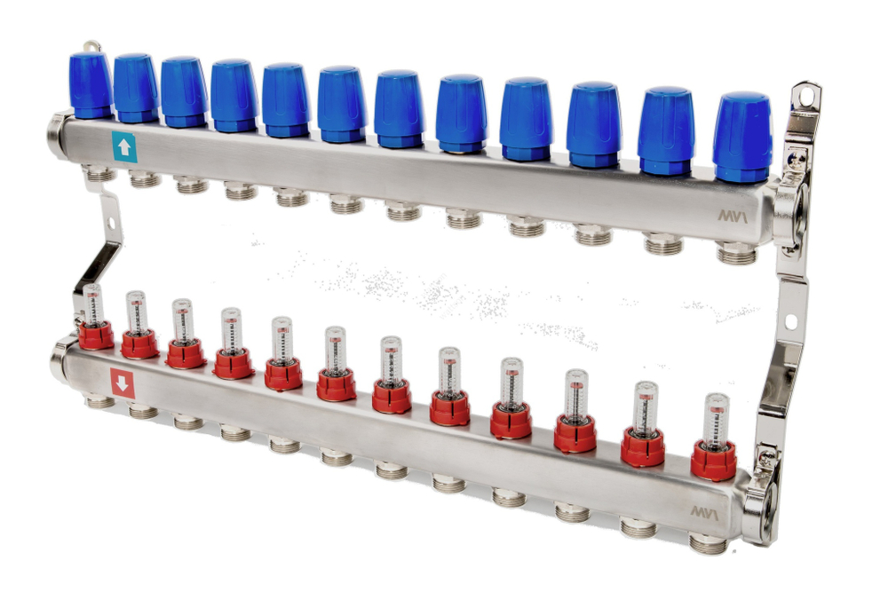 Коллекторная группа в сборе из нерж. стали с расходомерами 1" х 12 вых. Eвроконус 3/4 MVI