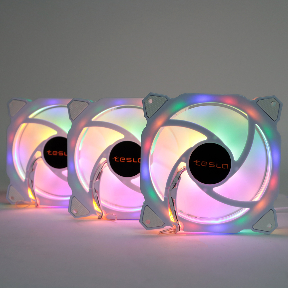 Комплект из 3 вентиляторов TESLA RGB120-RW3, 120мм, 1200rpm, 3-pin+Molex, белый/FRGB, 38CFM, 21дБ, антивибропрокладки (TSL-120-RW3)