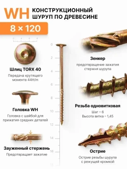 Конструкционный шуруп по дереву 8х120, головка WH - плоская пресс шайба