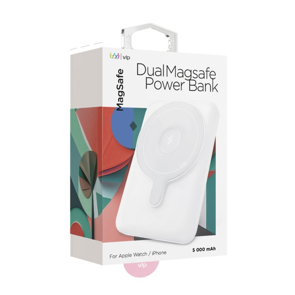 Внешний аккумулятор MagSafe VLP Dual Power Bank (5000 мА·ч) Беспроводная зарядка: Qi 15 Вт, магнитное крепление для зарядки Apple Watch (Qi 3 Вт). Проводная зарядка: USB-C. Есть LED-индикация и поддержка PD. Энергоёмкость — 19,25 Вт·ч. Максимальная выходн