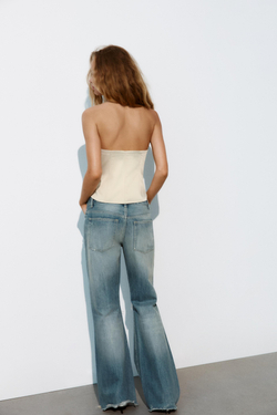 ZARA АТЛАСНЫЙ ТОП-КОРСЕТ БЕЗ БРЕТЕЛЕЙ, ПЕСОЧНЫЙ