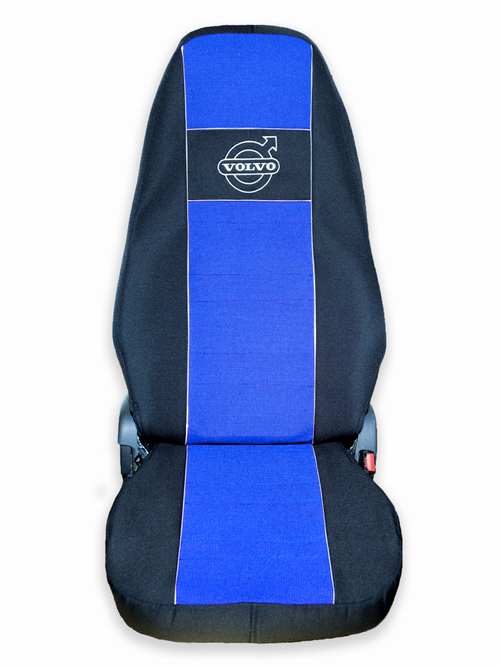 Чехлы VOLVO FH-12 после 2003 года: два высоких сиденья, ремни из сиденья (есть вырезы под ремень) (полиэфир, черный, синяя вставка)