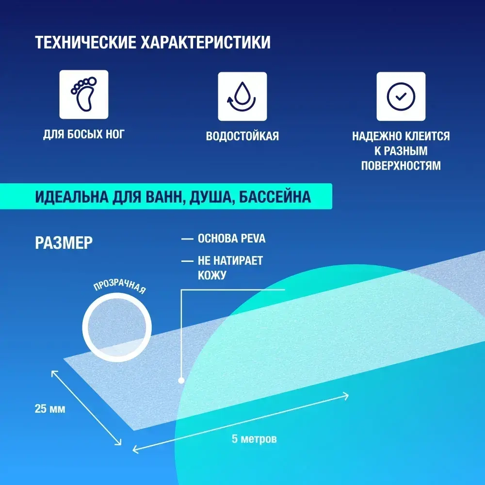 противоскользящая лента клейкая для ванны и душа прозрачная PEVA