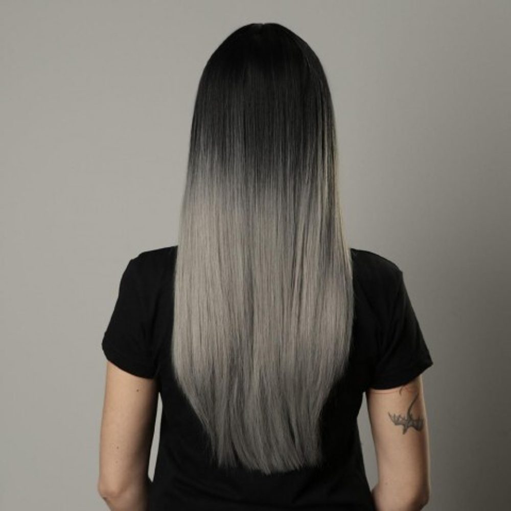 Парик искусственный, с чёлкой, имитация кожи, 60 см, цвет чёрный/пепельный