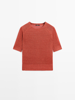 Massimo Dutti Вязаный свитер с короткими рукавами из 100% льна, терракотовый