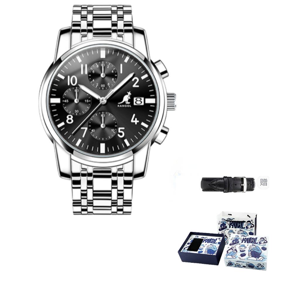 KANGOL Multifunction Three Eyes Six Hands Quartz Movement Stainless Steel Watchband Watch Men"s Watches