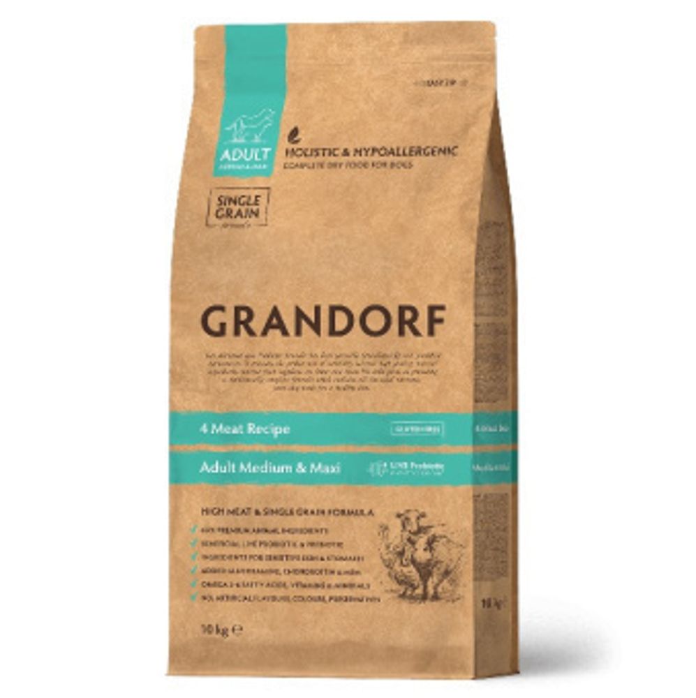 Grandorf 3кг 4 Meat Recipe Medium &amp; Maxi Holistic Probiotic для собак средних и крупных пород, с пробиотиками 4 вида мяса с рисом