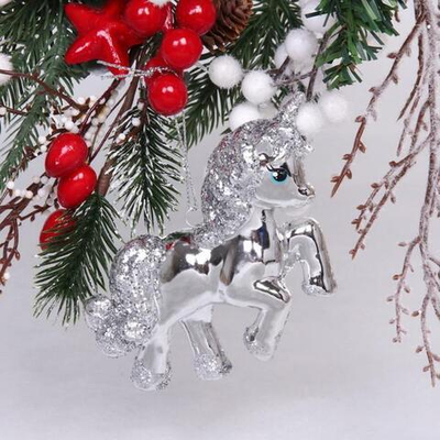 Ёлочная игрушка "Сказочный единорог" 9*3*10 см, серебро (Серпантин)