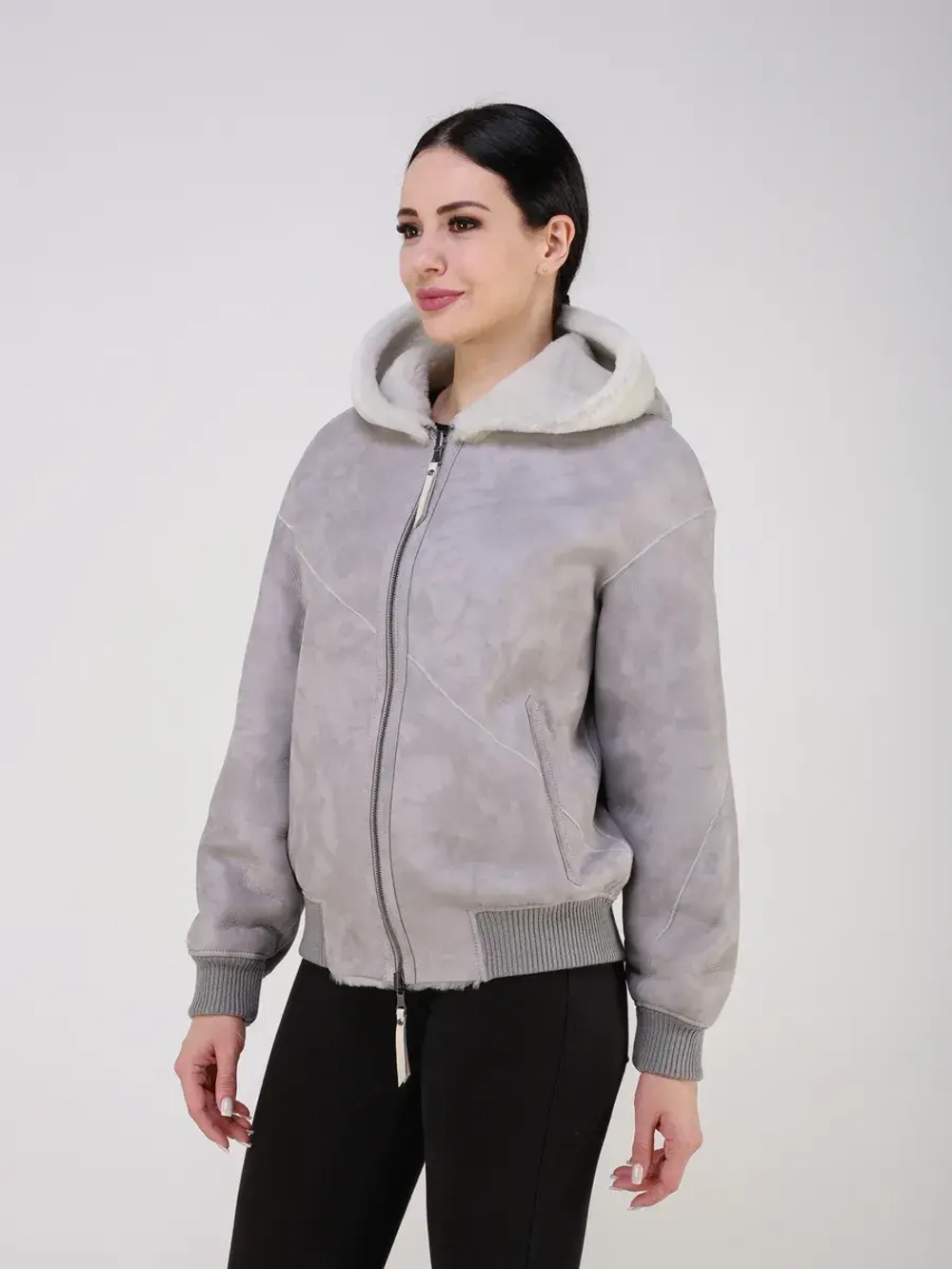 Двусторонняя дубленка зимняя шуба натуральная с капюшоном