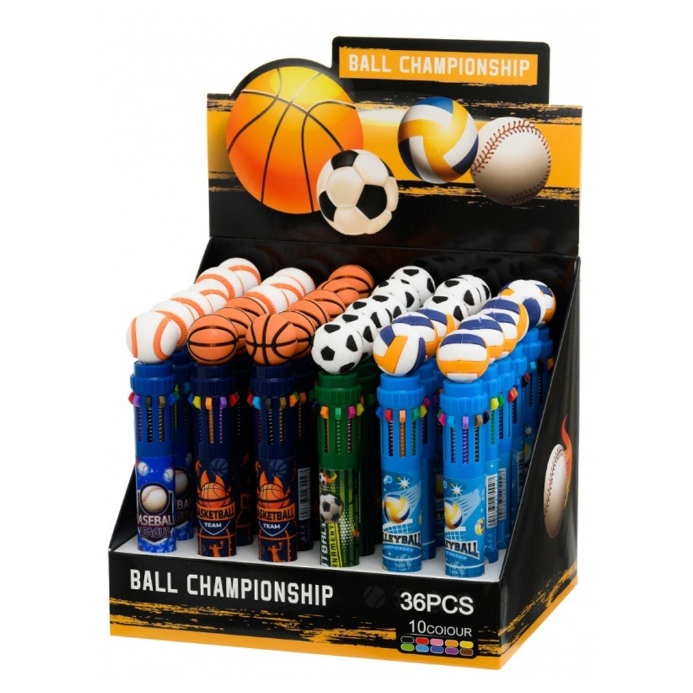Ручка шариковая, автоматическая, 10в1, Basir, серия "Спорт", 10-ти цветная, с резиновой фигуркой, 36 шт