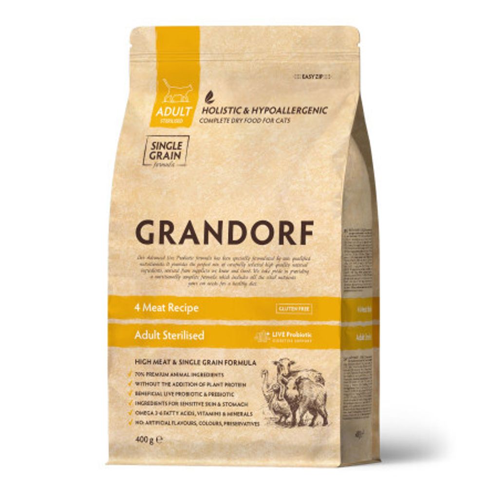 Grandorf 0,4кг Sterilised Сухой корм для стерилизованных кошек с пробиотиками 4 вида мяса