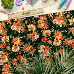 Ткань атлас оранжевые цветы со вкусом ностальгии