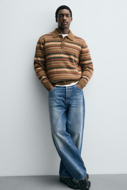 ZARA ТРИКОТАЖНОЕ ПОЛО ЖАККАРДОВОЕ ГЕОМЕТРИЧЕСКОЕ, КОРИЧНЕВЫЙ