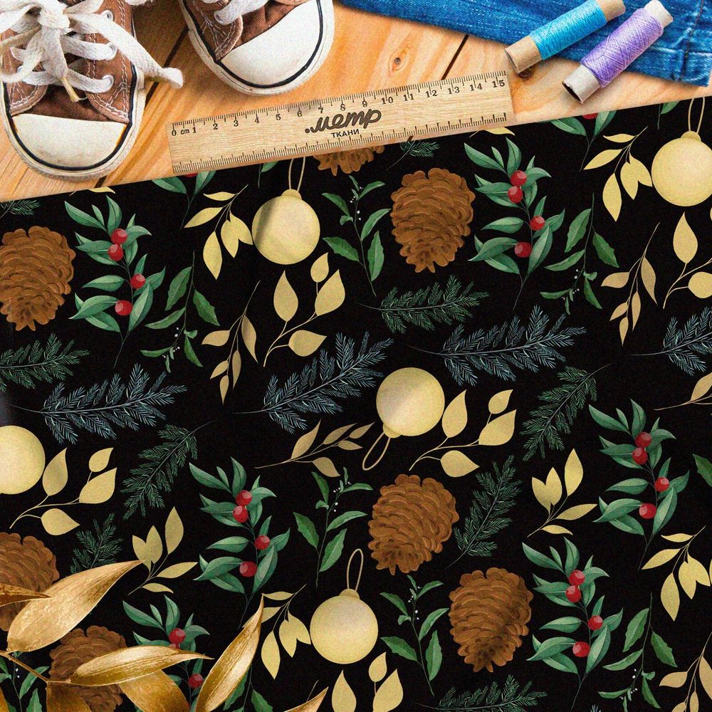 Ткань блэкаут клюква, хвойные ветки, шишки и ёлочные шары