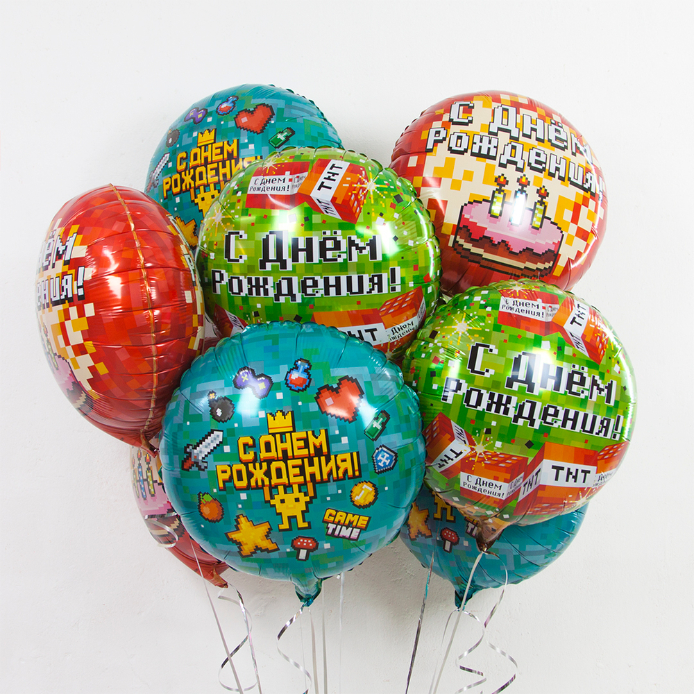 Круг 18" Пиксели, С Днем Рождения!, Зеленый Fl