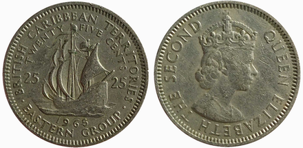 Восточные Карибы 25 центов, 1965 Королева Елизавета II VF