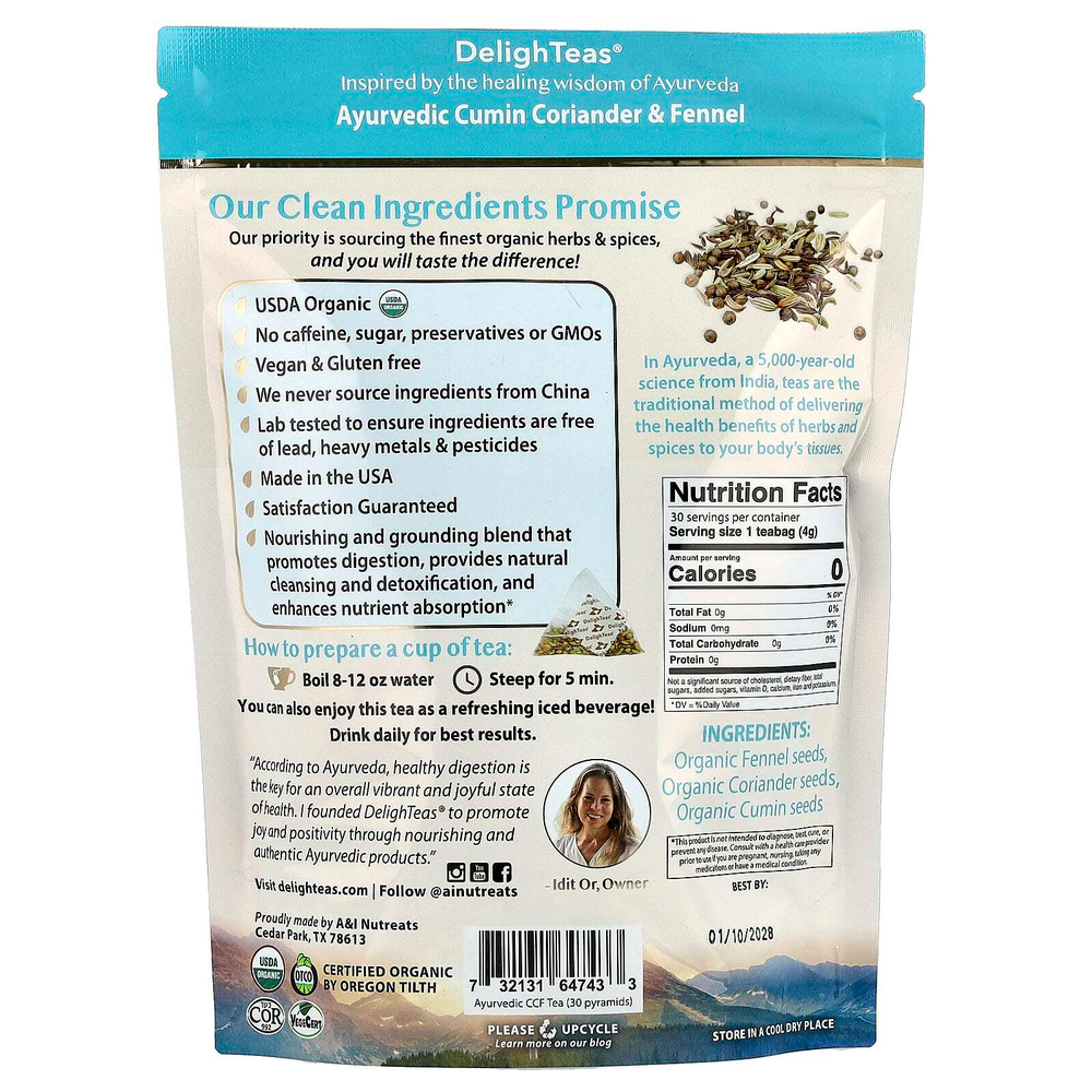 DelighTeas, Ayurvedic Cumin, Coriander & Fennel, травяной чай для выведения токсинов, без кофеина, 30 роскошных чайных пакетиков Pyramid, 120 г (4,2 унции)